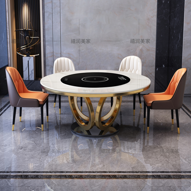 Italian-Style Slate Dining Table and Chairs with Built-In Multi-Function Electric Turntable with Induction Cooker for Warming Dishes, Home Hot Pot Round Table Italian-Style Slate Dining Table and Chairs with Built-In Multi-Function Electric Turntable with Induction Cooker for Warming Dishes, Home Hot Pot Round Table