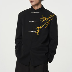 CNEW Chu Nian Er Wen New Chinese Style Gold Bamboo Embroidery Black Stand Collar Suit