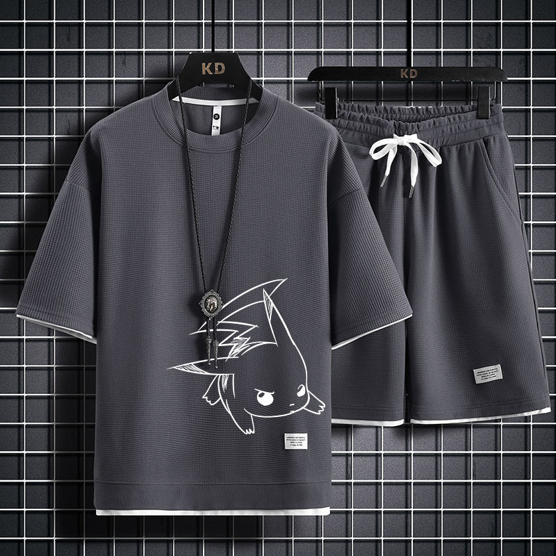 Ice Silk Five-Quarter Sleeve Suit for Men, New Trendy and Fashionable Summer Student Casual Short-Sleeved Five-Quarter Pants Two-Piece Set