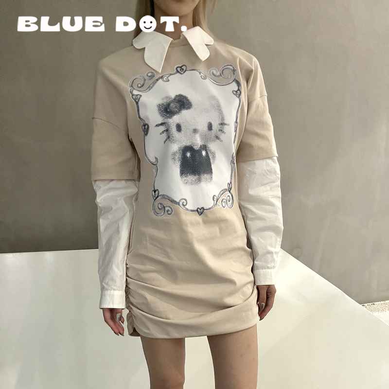 Bluedot Celine Kwan Collaboration Kitty Print Faux Two-Piece Shirt Dress