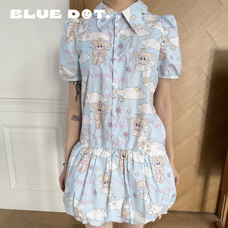 Bluedot Celine Kwan Cute Angel Print Puff Sleeve Short-Sleeved Shirt Dress