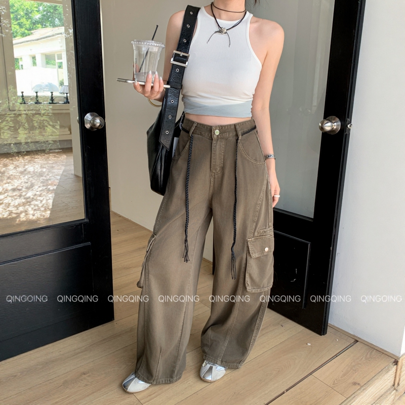 Qingqing [Spicy Girl Cargo Pants] Korean-Style Design Cargo Pants with Pockets, Scimitar Pants with a Three-Dimensional Silhouette and Wide Legs