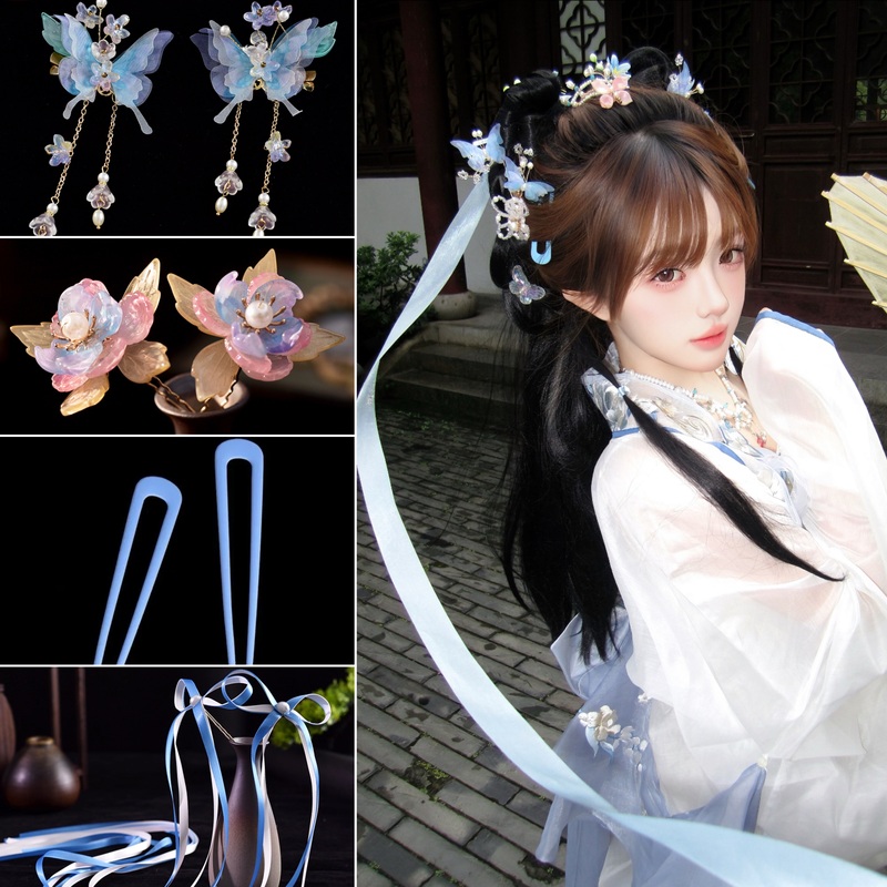 2025 Summer Super Fairy Silk Flower Butterfly Hair Accessory Ancient Style Tassel Hanfu New Style Hot-Pressed Blue Hair Accessory Set