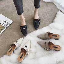 Baotou half slippers female pointed head 2019 new button fashion outer wear social half heel thick heel lazy net red womens shoes