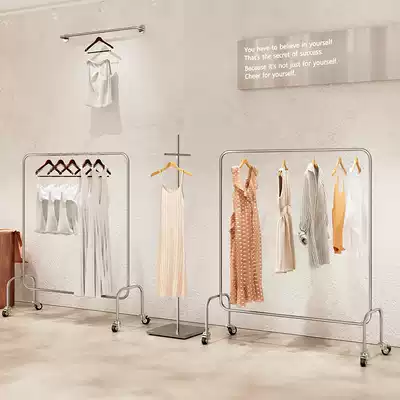 Stainless steel clothing display rack floor-to-ceiling silver brushed shelf display hanger Clothing store special clothes rack