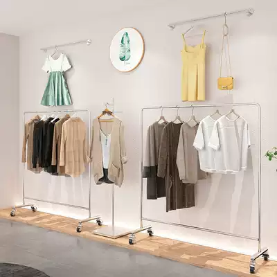 808 clothing store display rack Stainless steel brushed clothing rack floor-standing women's clothing store shelf display rack hanging clothes rod