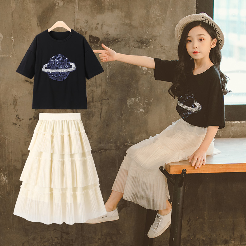 Girls summer short-sleeved t-shirt suit children's princess skirt long skirt 13-year-old girl clothes 11 Western style gauze skirt 12