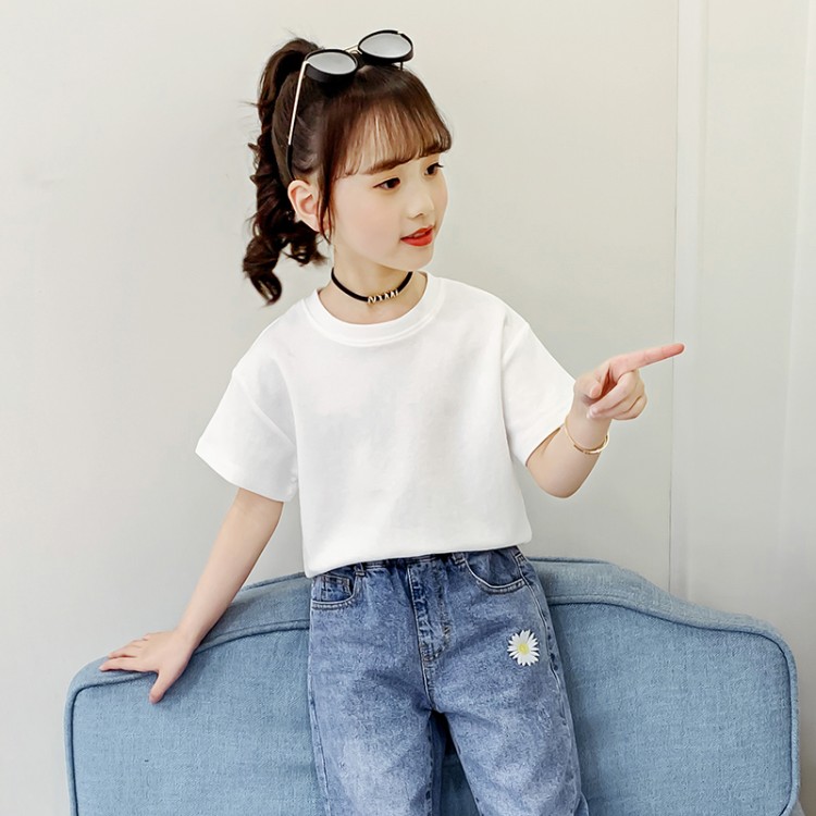 Girls short-sleeved T-shirt pure white cotton summer children's short-sleeved tops all-match girls half-sleeved T-shirts trendy