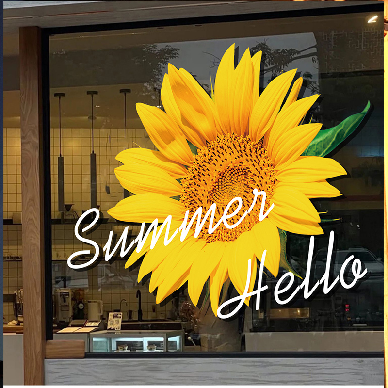 Summer New Window Decoration Shopping Mall Clothing Women's Shoes Bag Milk Tea Shop Glass Sunflower Green Leaf Mirror Electric Sticker