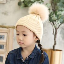  Baby hat Girls autumn and winter fox hair ball wool hat Boys Korean version of the tide childrens knitted hat baby warm hat
