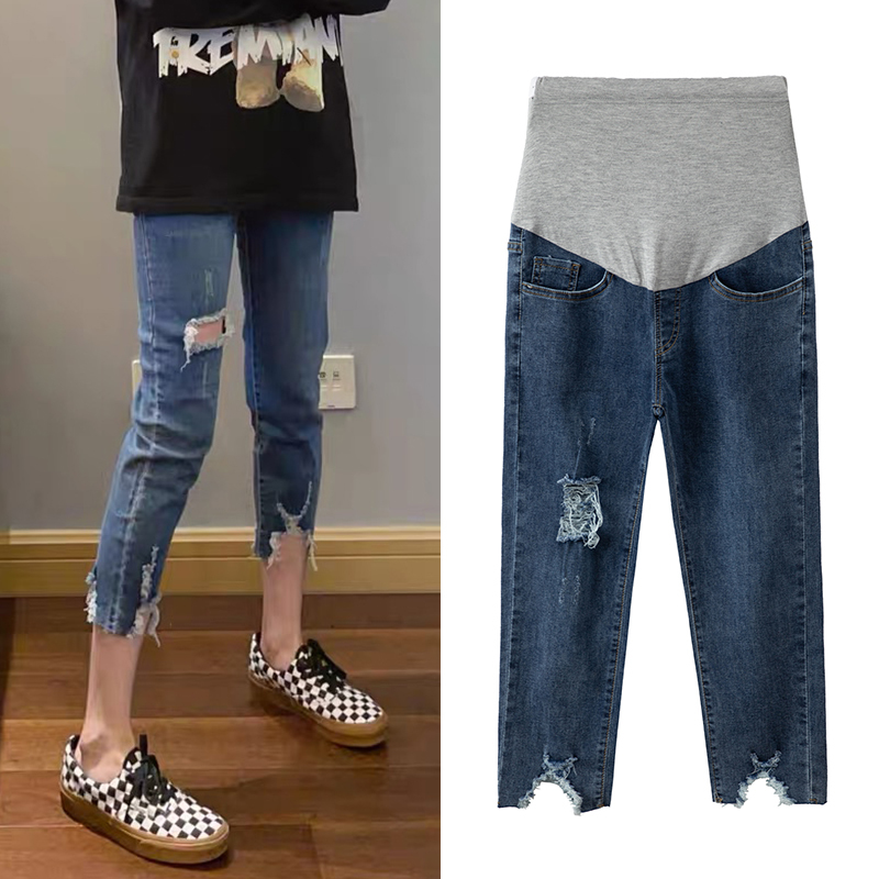 Maternity Pants for Petite Women, Suitable for Spring and Autumn, Thin and Fashionable Ripped Maternity Jeans, Cropped Pants, Thin Summer Style Maternity Pants for Petite Women, Suitable for Spring and Autumn, Thin and Fashionable Ripped Maternity Jeans, Cropped Pants, Thin Summer Style