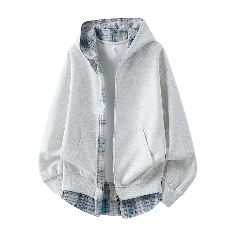 Spring and Autumn High Street Cardigan Jacket American Style Versatile College Style Hooded Long-Sleeve Loose Plaid Patchwork Sweatshirt