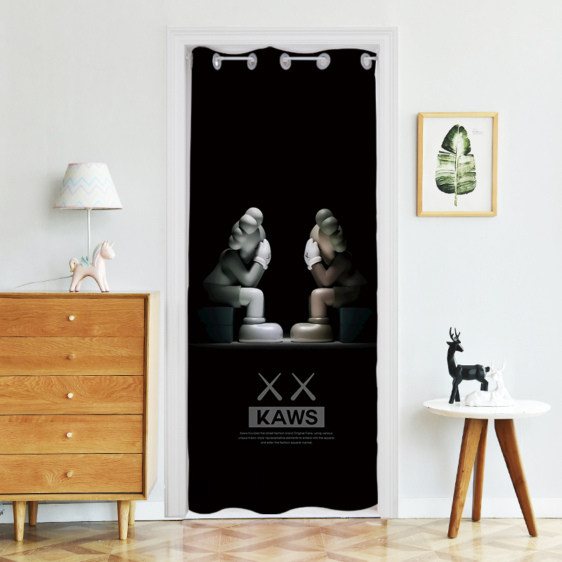 Trendy Black Cartoon Air Conditioner Door Curtain with Rods, No-Drill Installation, Easy to Use for Bedroom, Kitchen, Fitting Room, Blocking Curtain