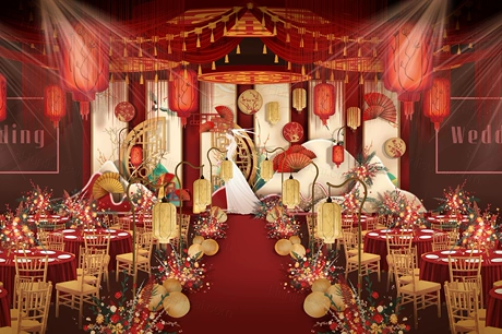 红色香槟色新中式婚礼设计婚庆效果图背景素材psd源文件-婚礼素材网
