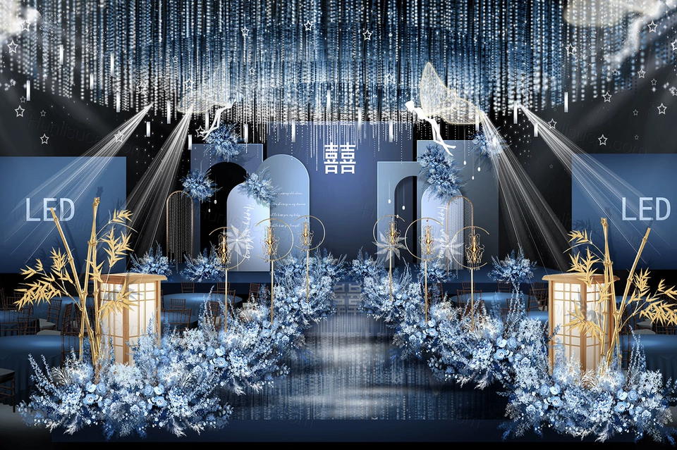 雾霾蓝2021新中式INS简约风格婚礼设计婚庆效果图背景素材-婚礼素材网