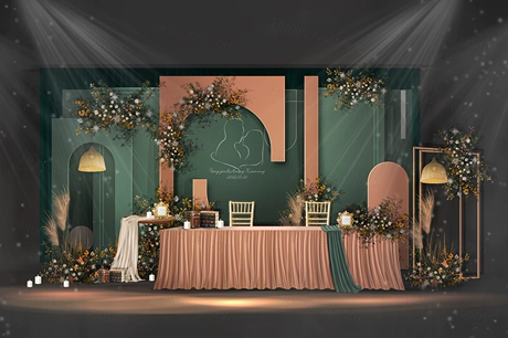 莫兰迪绿色橘色高端泰式婚礼设计婚庆效果图舞台布置背景素材-婚礼素材网