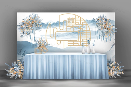 白色蓝色水墨国画中国画中国风新中式婚礼设计效果图素材psd-婚礼素材网