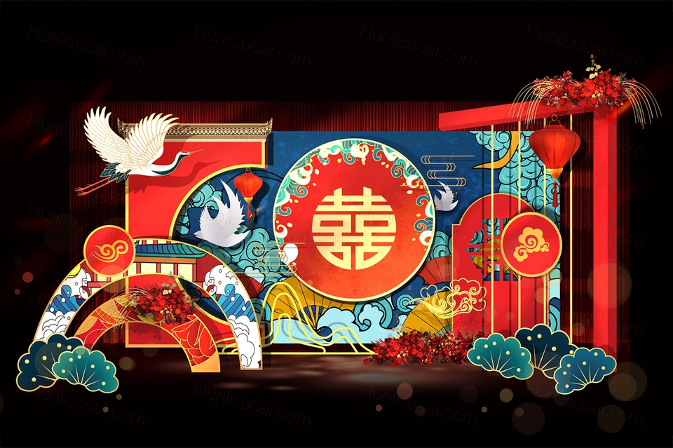 国潮婚礼设计素材新中式喜字红蓝色婚礼设计效果图KT板制作文件-婚礼素材网