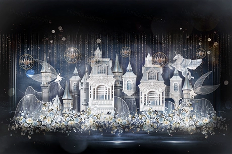 蓝色高端立体城堡天空之城主题婚礼设计婚庆舞台展示区背景素材-婚礼素材网