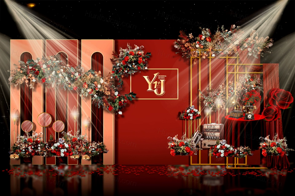 红色砖红色喜庆高端欧式婚礼设计婚庆效果图方案背景素材psd-婚礼素材网