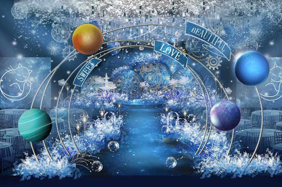 蓝色星空高端婚礼设计婚庆效果图舞台展示区签到区素材psd-婚礼素材网