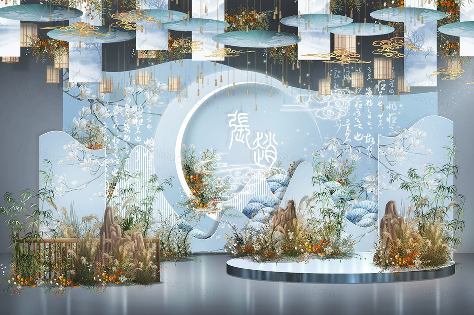 淡蓝色雾霾蓝新中式传统古典意境艺术婚礼设计效果图素材psd-婚礼素材网