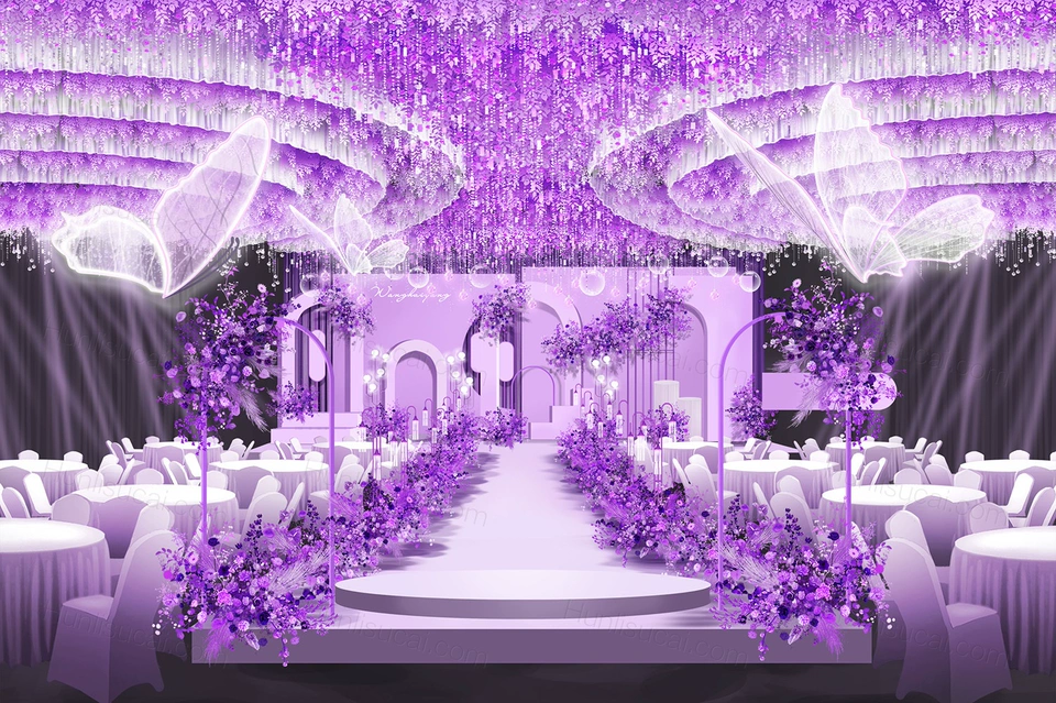 紫色高端西式简约风格侘寂风格婚礼设计婚庆效果图素材psd-婚礼素材网