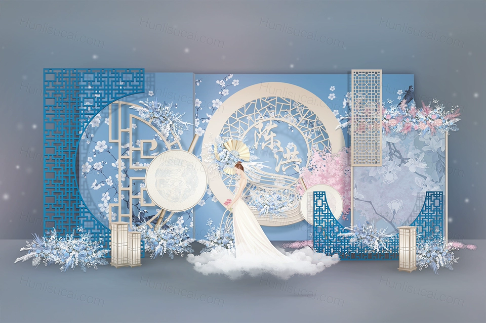 蓝色唯美浪漫高端大气新中式婚礼设计婚庆手绘效果图背景素材-婚礼素材网