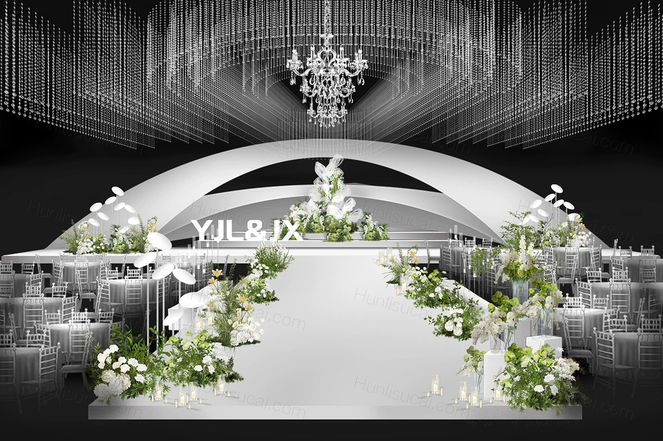 白色高端简约韩式婚礼设计舞台水晶吊顶效果图素材psd源文件-婚礼素材网