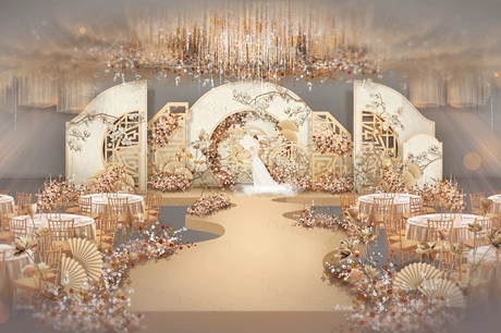 香槟色舞台吊顶工笔画高端中式婚礼设计婚庆效果图背景psd素材-婚礼素材网