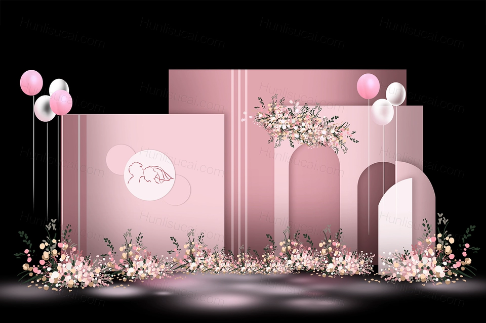 粉色INS简约唯美西式婚礼设计婚庆舞台效果图背景喷绘素材-婚礼素材网