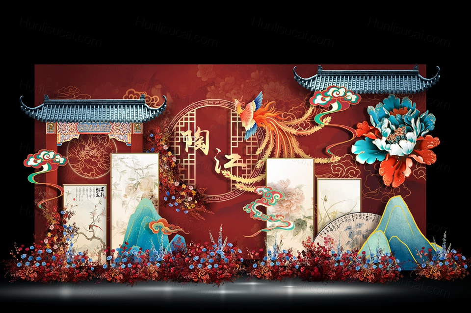红色新中式高端婚礼效果图舞台迎宾签到区素材PSD分层文件设计-婚礼素材网