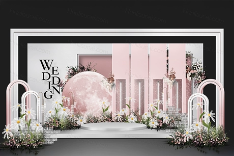 白色粉色高端圆弧创意背景线帘吊顶月球背景婚礼设计素材效果图-婚礼素材网