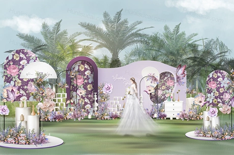 户外紫色婚礼效果图迎宾合影区素材psd文件紫色户外草坪婚礼-婚礼素材网