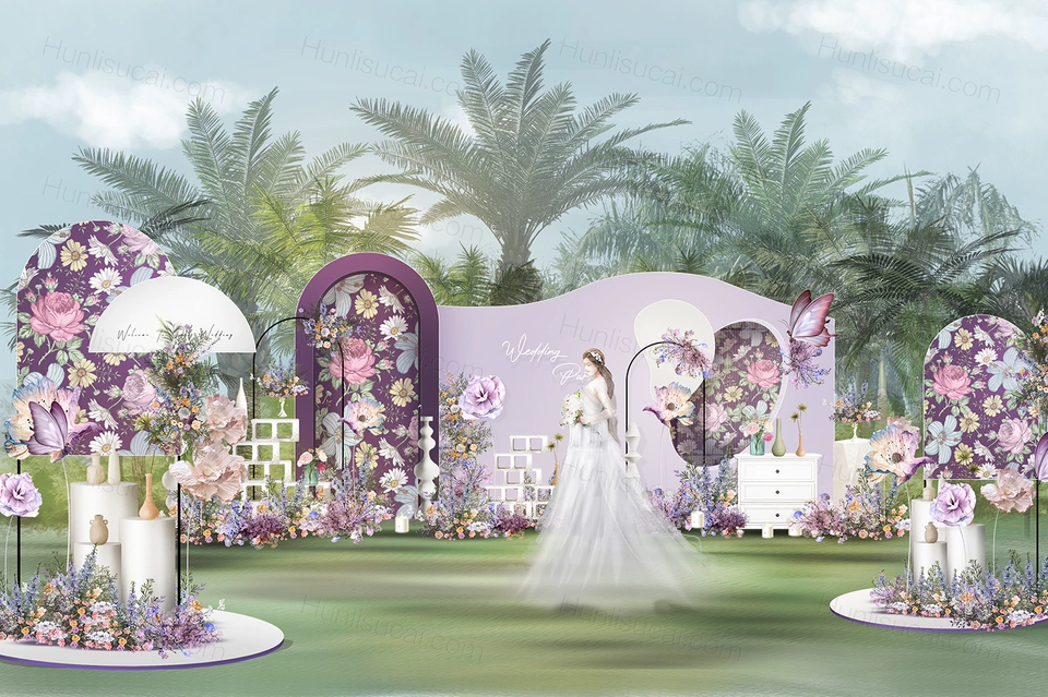 户外紫色婚礼效果图迎宾合影区素材psd文件紫色户外草坪婚礼-婚礼素材网
