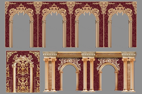 欧式婚礼背景城堡宫廷复古红金色psd效果图设计素材舞台背景-婚礼素材网