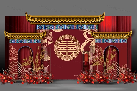 红色喜庆屋檐大喜背景古典婚礼设计舞台效果图背景方案素材psd-婚礼素材网