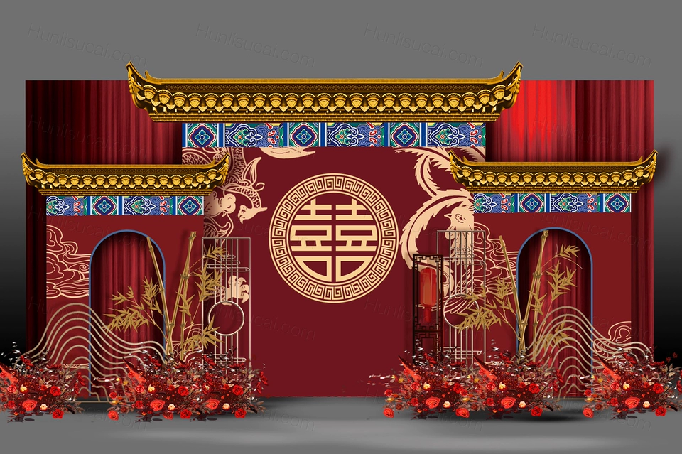 红色喜庆屋檐大喜背景古典婚礼设计舞台效果图背景方案素材psd-婚礼素材网