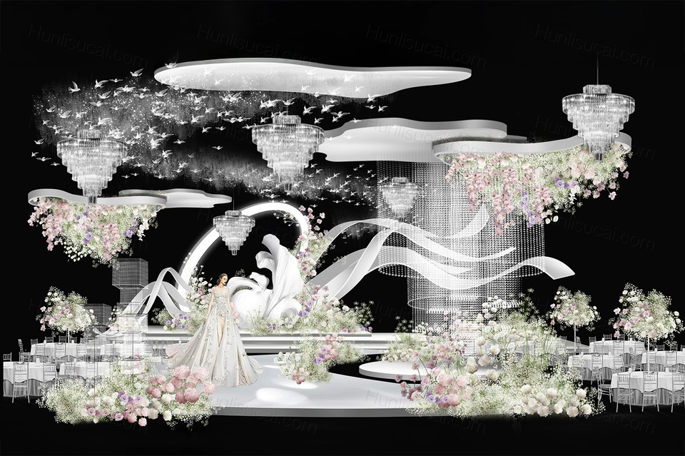 白色高端创意小众秀场风韩式婚礼设计效果图素材psd源文件-婚礼素材网