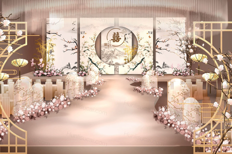 粉色中式工笔画玉兰花背景婚礼婚庆设计素材PS源文件喷绘制作-婚礼素材网