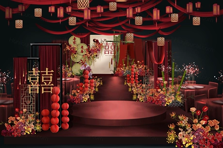 红色新中式婚礼效果图设计方案中式舞台迎宾婚礼设计psd源文件-婚礼素材网