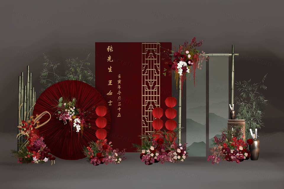 红色新中式订婚答谢宴婚礼生日背景设计迎宾签到区图素材效果图-婚礼素材网