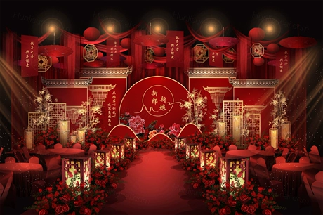 红色喜庆新中式中国风传统高端婚礼设计舞台背景喷绘KT板素材-婚礼素材网
