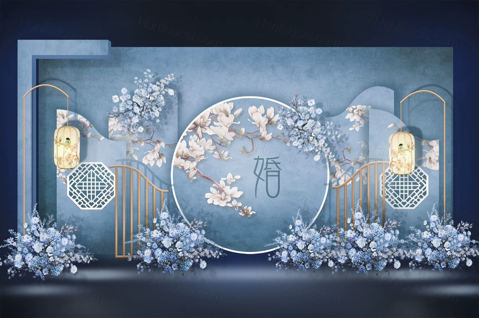 雾霾蓝中式古典婚礼设计舞台效果图背景方案PSD分层喷绘素材-婚礼素材网