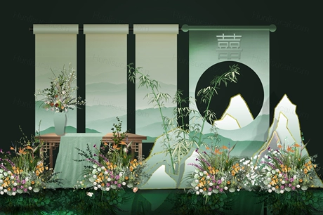 小清新新中式绿色画卷竹子花艺婚礼手绘效果图psd分层设计素材-婚礼素材网