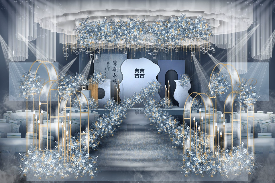 雾霾蓝侘寂风格2021新中式婚礼设计婚庆效果图背景PSD素材-婚礼素材网