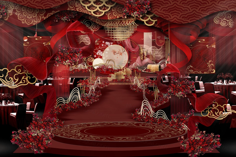 红色喜庆新中式婚礼设计婚庆效果图舞台展示区背景PSD素材-婚礼素材网