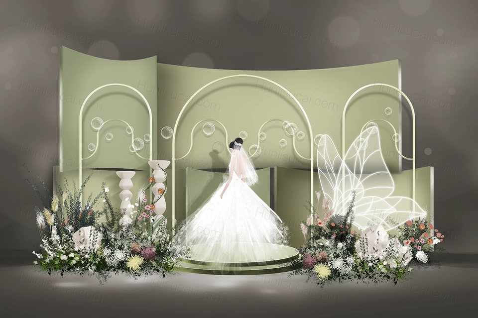 牛油果绿高端简约法式风格婚礼设计婚庆效果图背景素材psd-婚礼素材网