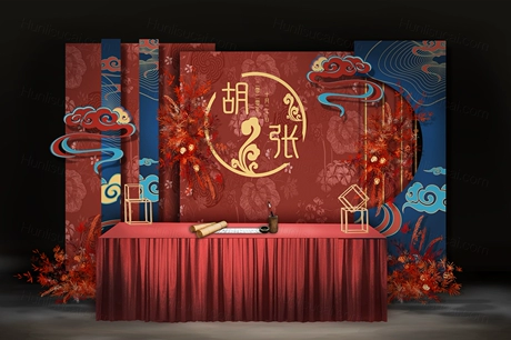 红蓝色喜庆中式婚礼时尚新中式婚庆舞台效果图背景方案素材婚礼-婚礼素材网