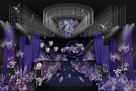 暗夜紫色晶吊顶水晶灯粉色彩色婚礼效果图小众婚礼psd分层素材-婚礼素材网